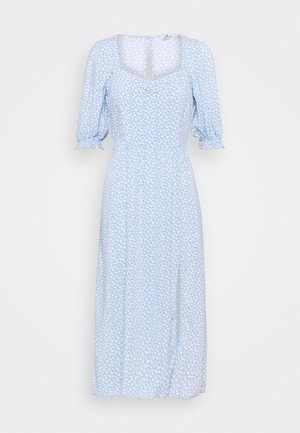 Light blue midi dress with white floral pattern, puffed three-quarter sleeves, square neckline with front slit, and gathered waist.