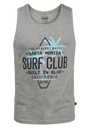 Grå bomulds tanktop med grafisk print i blå tekst og palmeaccentueringer. Designet inkluderer "Surf Club" og "Santa Monica" tekst.