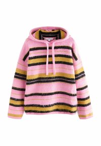 Striped hoodie in pink, black, and yellow. Made of soft, textured material with a drawstring and ribbed cuffs and hem. Loose fit.