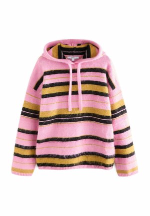 Striped hoodie in pink, black, and yellow. Made of soft, textured material with a drawstring and ribbed cuffs and hem. Loose fit.