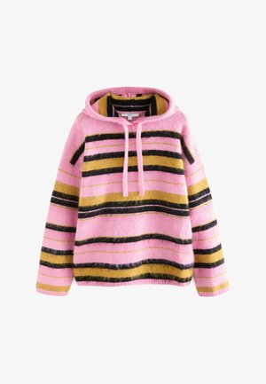 Striped hoodie in pink, black, and yellow. Made of soft, textured material with a drawstring and ribbed cuffs and hem. Loose fit.