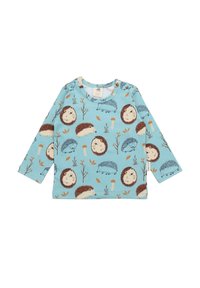 Himmelblaues Langarmhemd mit einem Muster aus Igeln, Pilzen und Blättern in Braun und Orange. Weicher Baumwollstoff. Rundhalsausschnitt.