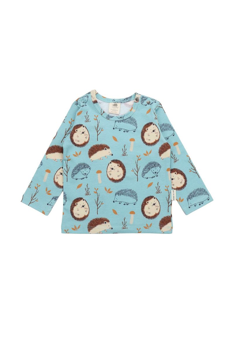 Himmelblaues Langarmhemd mit einem Muster aus Igeln, Pilzen und Blättern in Braun und Orange. Weicher Baumwollstoff. Rundhalsausschnitt.