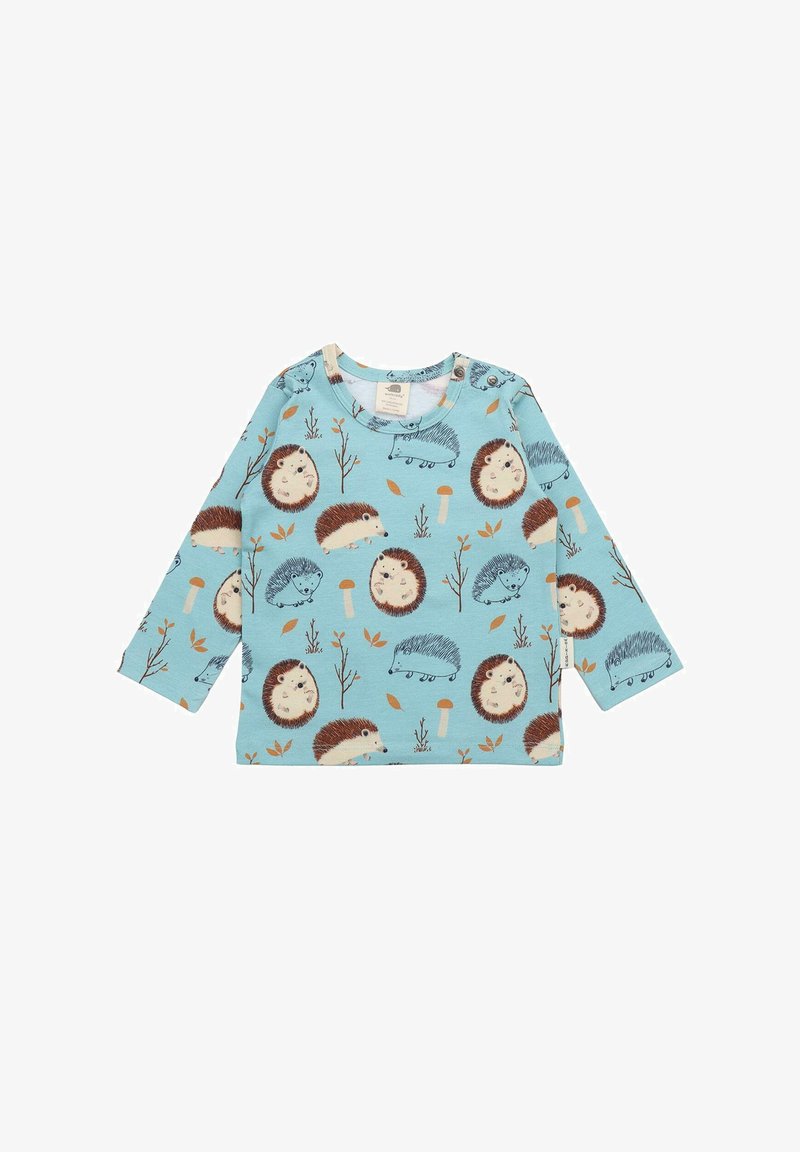 Himmelblaues Langarmhemd mit einem Muster aus Igeln, Pilzen und Blättern in Braun und Orange. Weicher Baumwollstoff. Rundhalsausschnitt.