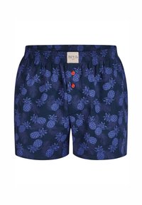 Boxer navy blu realizzati in tessuto leggero, con un motivo di ananas in tonalità di blu e verde, dotati di chiusura frontale con bottone rosso.