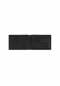 Black leather wallet with a textured finish, featuring multiple card slots and a compartment, embossed brand logo on the front.