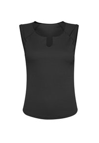 Top negro sin mangas de punto acanalado con un escote redondo y una pequeña muesca en forma de V en el centro del frente.