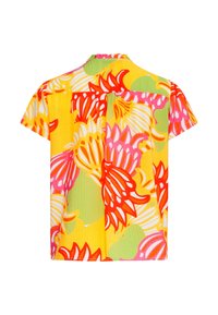 Kurze Ärmel Bluse aus leichtem Stoff in lebhaftem Gelb, mit auffälligen Blumenmustern in Rot, Pink und Grün, im entspannten Schnitt.