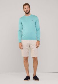 Jasnoniebieski bawełniany sweter z okrągłym dekoltem, zestawiony z beżowymi szortami i ciemnymi butami typu slip-on, modelka stoi na neutralnym tle.