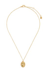 Zlatý retiazkový náhrdelník s oválnym príveskom, ktorý zdobia malé zelené štvorlístky a stredový biely perlový detail.