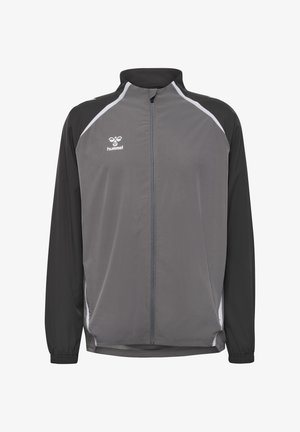 Grijs-zwart heren sportjack met ritssluiting, lange mouwen en witte bies langs de schoudernaden.