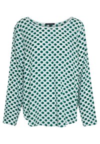 Langarmshirt in Weiß mit grünen Punkten, aus weichem Stoff gefertigt. Hat eine lockere Passform und einen breiten, runden Ausschnitt.