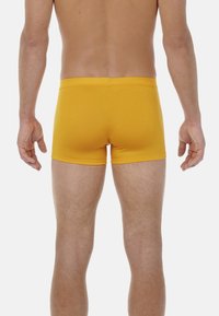 Boxer-briefs en coton jaune avec une coupe ajustée, dotés d'une ceinture élastique et d'une texture lisse, vus de l'arrière.