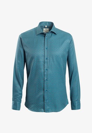 Chemise turquoise à boutons avec un motif circulaire répété, à manches longues, col, et une texture lisse. Convient pour une tenue décontractée ou formelle.