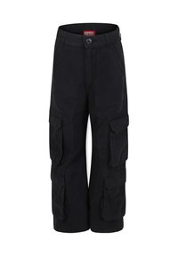 Pantalons cargo noirs avec plusieurs poches latérales, une fermeture à bouton et une coupe classique. Fabriqués en tissu durable avec une texture lisse.