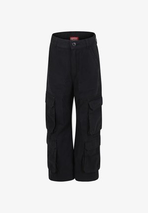 Pantaloni cargo neri con numerose tasche laterali, chiusura con bottone e vestibilità classica. Realizzati in tessuto resistente con una consistenza liscia.