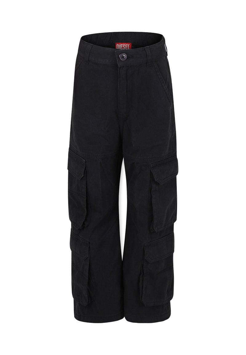 Pantalons cargo noirs avec plusieurs poches latérales, une fermeture à bouton et une coupe classique. Fabriqués en tissu durable avec une texture lisse.