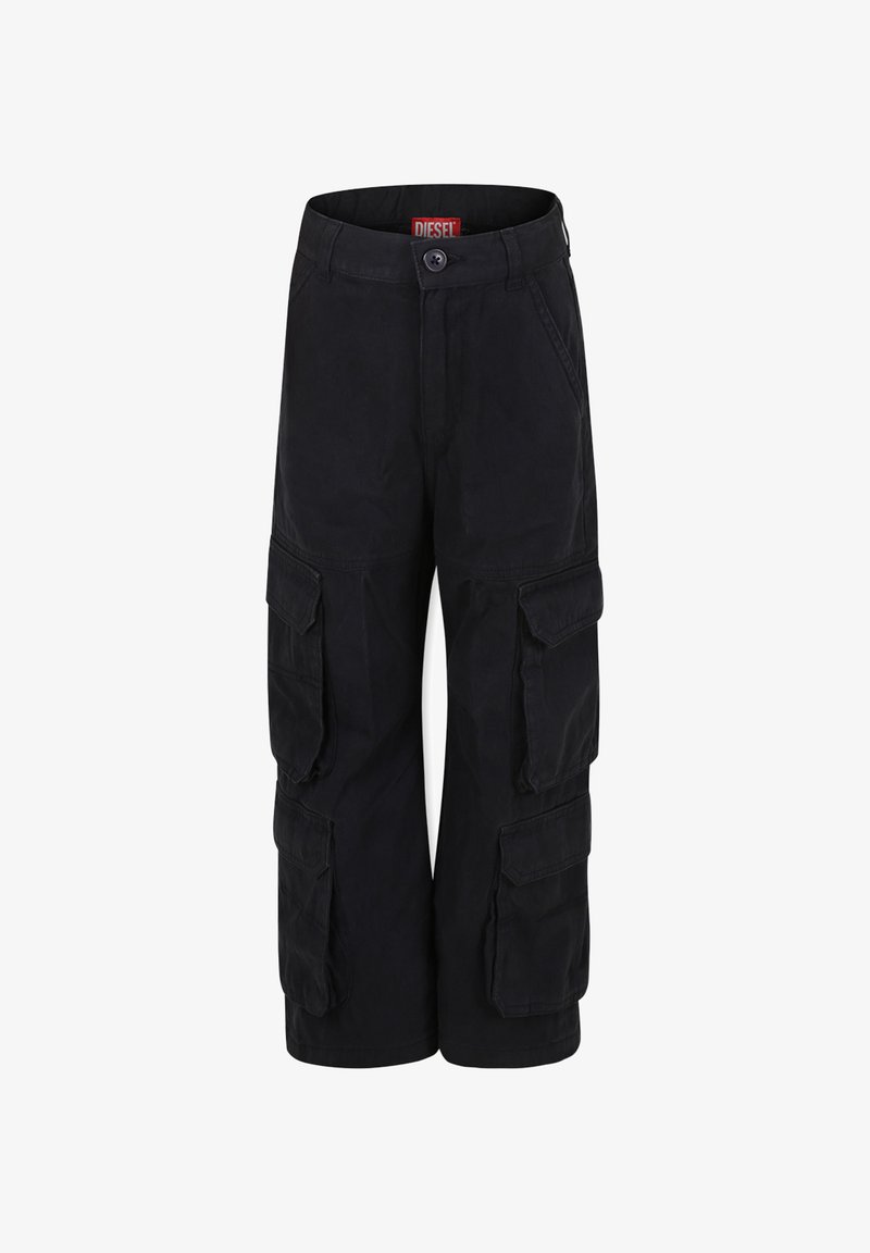 Pantalons cargo noirs avec plusieurs poches latérales, une fermeture à bouton et une coupe classique. Fabriqués en tissu durable avec une texture lisse.