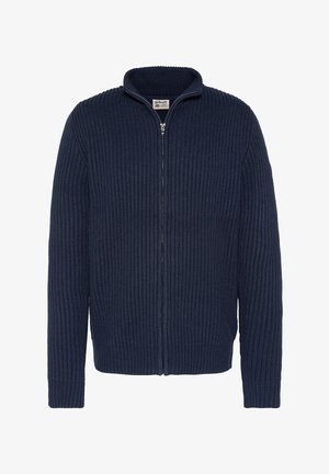 Marineblauer Strick-Cardigan mit Reißverschluss, der eine gerippte Textur, hohen Kragen und lange Ärmel aufweist. Schlichtes Design mit einem Frontreißverschluss.