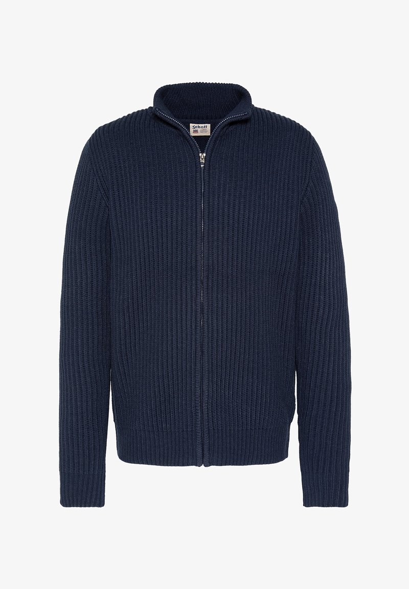 Cardigan zippé en tricot bleu marine avec une texture côtelée, un col montant et des manches longues. Design simple avec une fermeture éclair à l'avant.