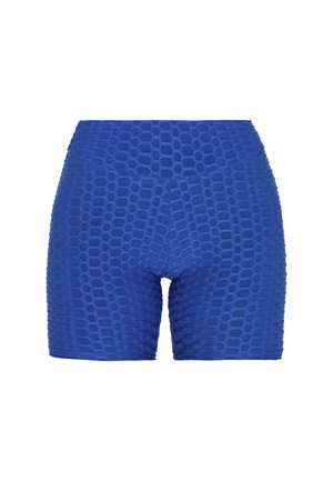 Blauwe gestructureerde shorts met een honingraatpatroon, ontworpen met een hoge taille en een gladde afwerking, geschikt voor actieve kleding.