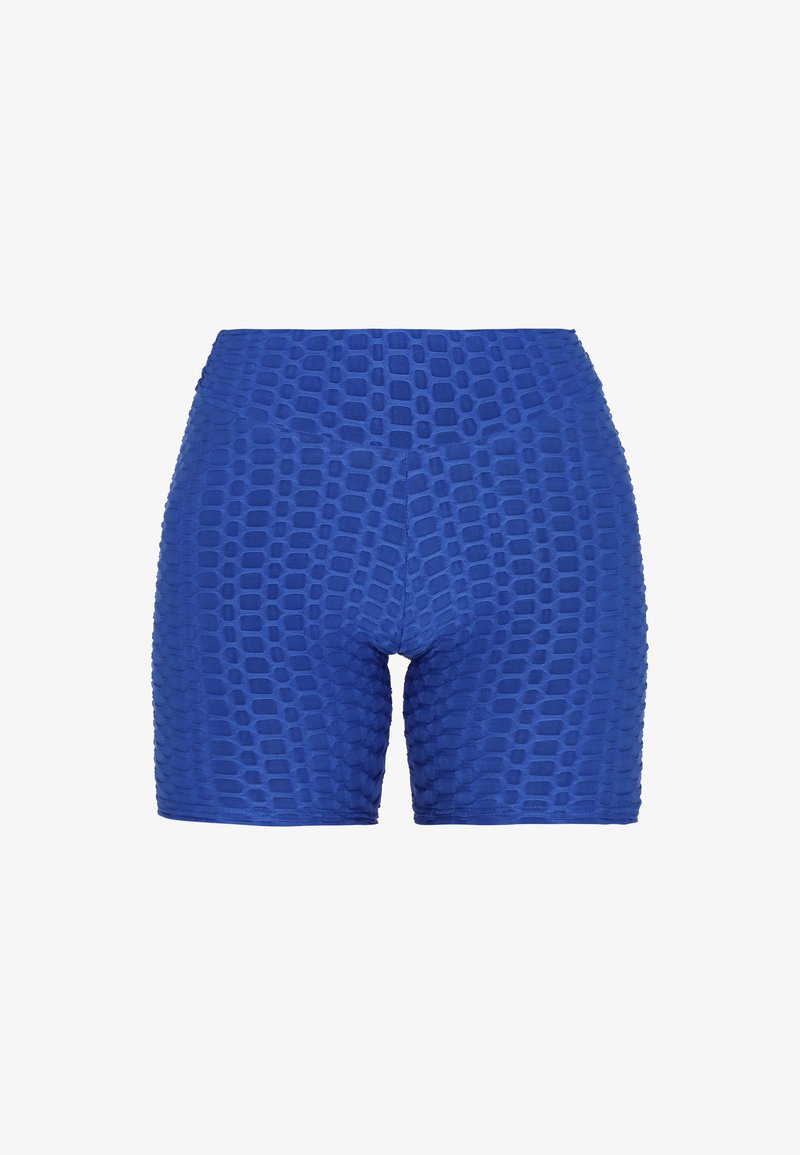 Modré texturované šortky s vzorem včelí plástev, navržené s vysokým pasem a hladkým povrchem, vhodné pro aktivní nošení.