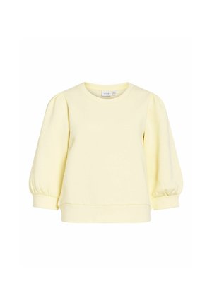 Jasnożółta bluza z okrągłym dekoltem, bufkami na trzy czwarte rękawach i ściągaczami na mankietach i dole.