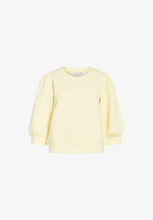 Jasnożółta bluza z okrągłym dekoltem, bufkami na trzy czwarte rękawach i ściągaczami na mankietach i dole.