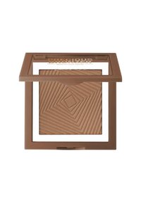 Polvere bronzer marrone compatta con motivo geometrico in rilievo in un astuccio di plastica quadrato con coperchio trasparente etichettato "Precious Bronzer."