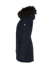 Marineblaue Parkajacke mit Kunstfellkapuze, Seitentaschen, elastischen Bündchen und tailliertem Schnitt für eine anpassbare Passform. Mit Logopatch am Ärmel.