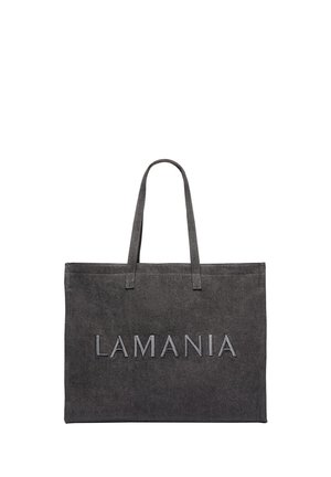 Torba typu tote z ciemnoszarego zamszu z dwoma uchwytami i napisem „LAMANIA” wyszytym z przodu nicią dopasowanego koloru.