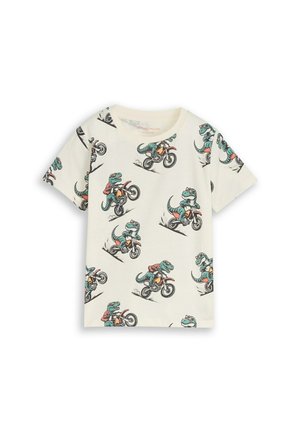 Kinder korte mouwen wit t-shirt met herhaalde cartoon dinosaurussen die op oranje en zwarte crossmotoren rijden.