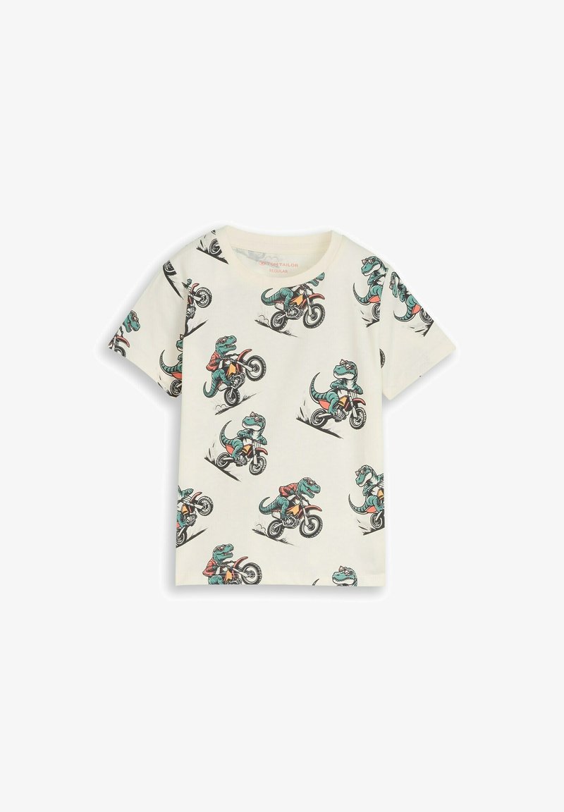 Kinder korte mouwen wit t-shirt met herhaalde cartoon dinosaurussen die op oranje en zwarte crossmotoren rijden.