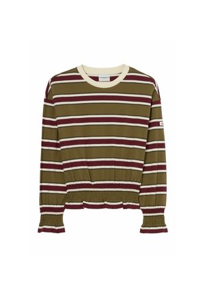 Camicia a maniche lunghe con righe orizzontali verde oliva, bordeaux e crema, polsini e vita elasticizzati e collo rotondo crema.