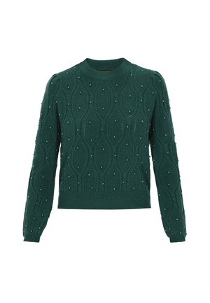 Pull en tricot vert avec un motif en losanges texturé et des accents de perles. Dispose d'un col rond et de manches longues.