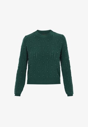 Vihreä neulepusero, jossa on teksturoitu timanttimalli ja helmiripsutuksia. Ominaisuuksiin kuuluvat pyöreä kaula-aukko ja pitkät hihat.