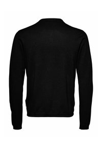 Schwarzer Pullover mit langen Ärmeln, Strickstruktur, runder Ausschnitt, gerippte Bündchen und Saum, schlichtes Design, keine sichtbaren Muster oder Akzente.