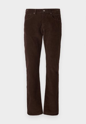 Pruunid korduroy püksid sirge lõikega, viie taskuga, nupuga kinnitamine ja vertikaalsed triibud kangas.