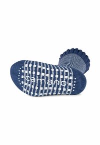 Pantofole blu navy con una texture a coste, dotate di una suola bianca antiscivolo e con il nome "camano" stampato in bianco. Dettaglio arricciato sulla caviglia.