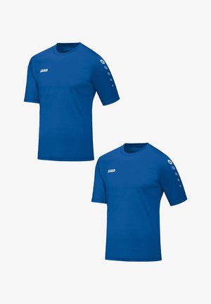 Blaue kurzärmlige Sportshirts mit rundem Hals. Verfügt über ein weißes "JAKO"-Logo und runde Akzente an denÄrmeln. Hergestellt aus atmungsaktiven Stoff.