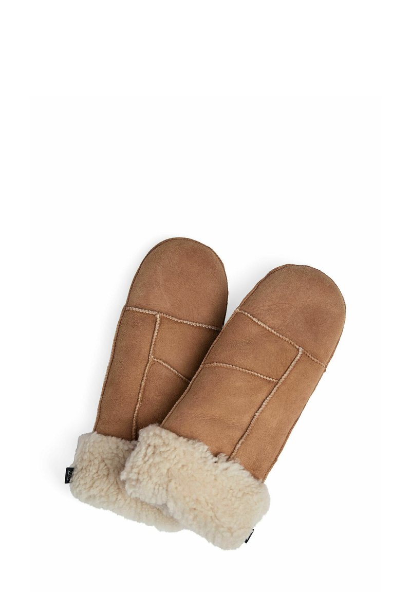 Brune shearling-votter med en blød pelsforing og syningsdetaljer samt en manchet af lysere pels ved håndleddet.
