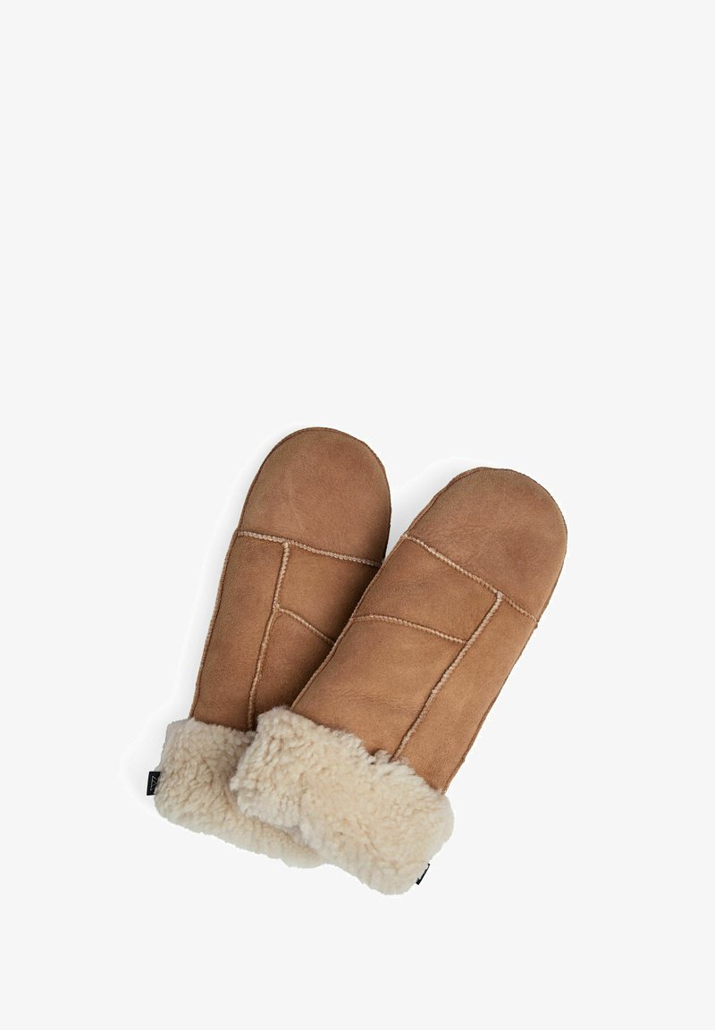 Bruine shearling wanten met een zachte bontvoering en stikaccenten, met een manchet van lichter bont bij de pols.