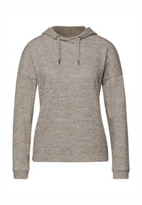 Bluza z kapturem w jasnobrązowej melanżowej tkaninie, o luźnym kroju, z prążkowanymi ściągaczami i sznurkami przy dekolcie.