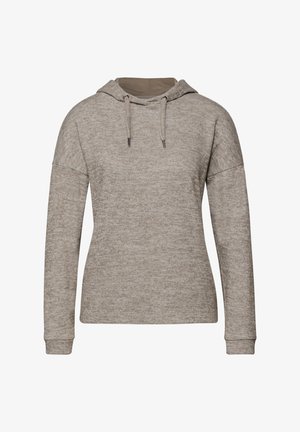 Bluza z kapturem w jasnobrązowej melanżowej tkaninie, o luźnym kroju, z prążkowanymi ściągaczami i sznurkami przy dekolcie.