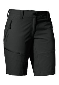 Pantalones cortos de senderismo negros hechos de tejido ligero, con un bolsillo con cremallera en el lateral y un cierre de botón en la cintura.