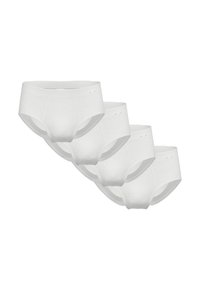 Witte katoenen brief onderbroeken, met een gladde textuur, elastische tailleband en een eenvoudige snit, weergegeven in een rij van vijf.