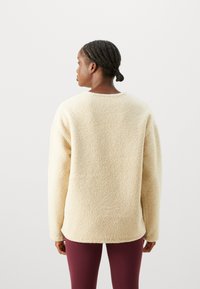 Pullover in beige, morbido e peloso, con scollatura rotonda, maniche lunghe e vestibilità ampia, caratterizzato da una texture soffice e un design semplice.