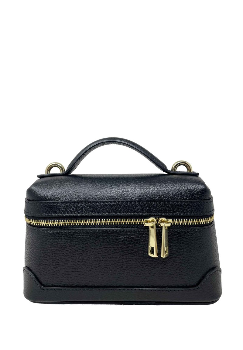 Borsa in pelle nera strutturata con manico superiore e chiusura con zip dorata. Presenta una superficie liscia e una forma distintiva.