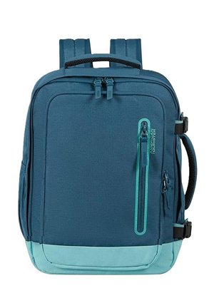 Zaino rettangolare blu e verde acqua con più scomparti con cerniera, spallacci imbottiti e maniglia laterale per il trasporto.