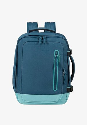 Zaino rettangolare blu e verde acqua con più scomparti con cerniera, spallacci imbottiti e maniglia laterale per il trasporto.